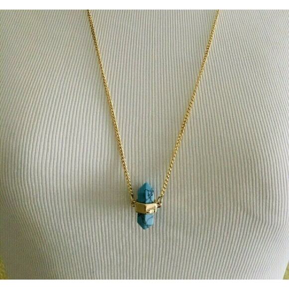 Los Angeles Boutique Long Gold Statement Necklace Faux Turquoise Stone Boho NEW - Picture 2 of 4